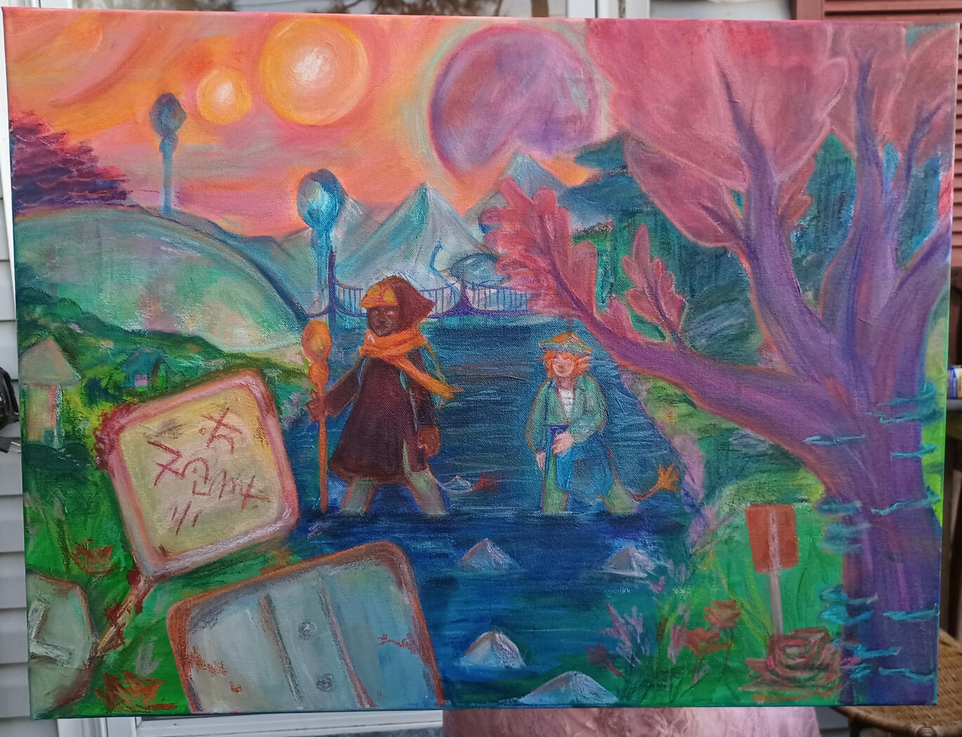 Personal piece. Oil pastels over Acrylic. I wanted to explore an alien world. In this world they fear the sun, and worship the moon. The two characters in the forefront are outcasts.