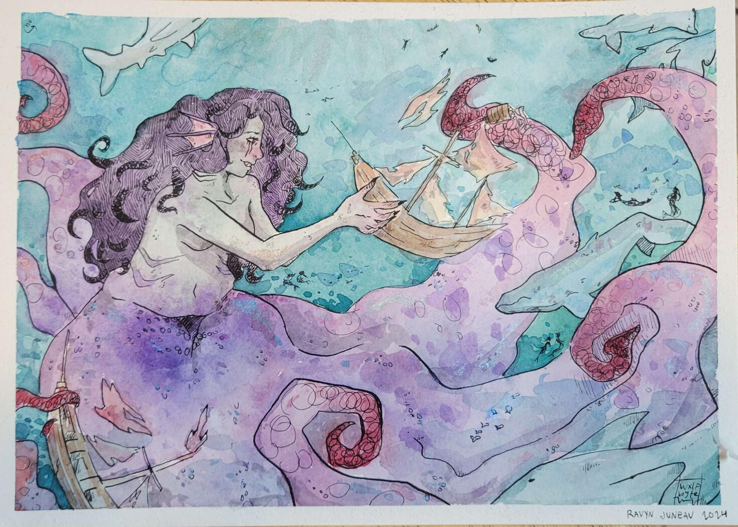 Personal piece, ink and watercolor. Traditional, sketch to finish. I was toying with the idea of a kraken mermaid, bringing down ships to play with. Not malice, more like a cat playing with a mouse.